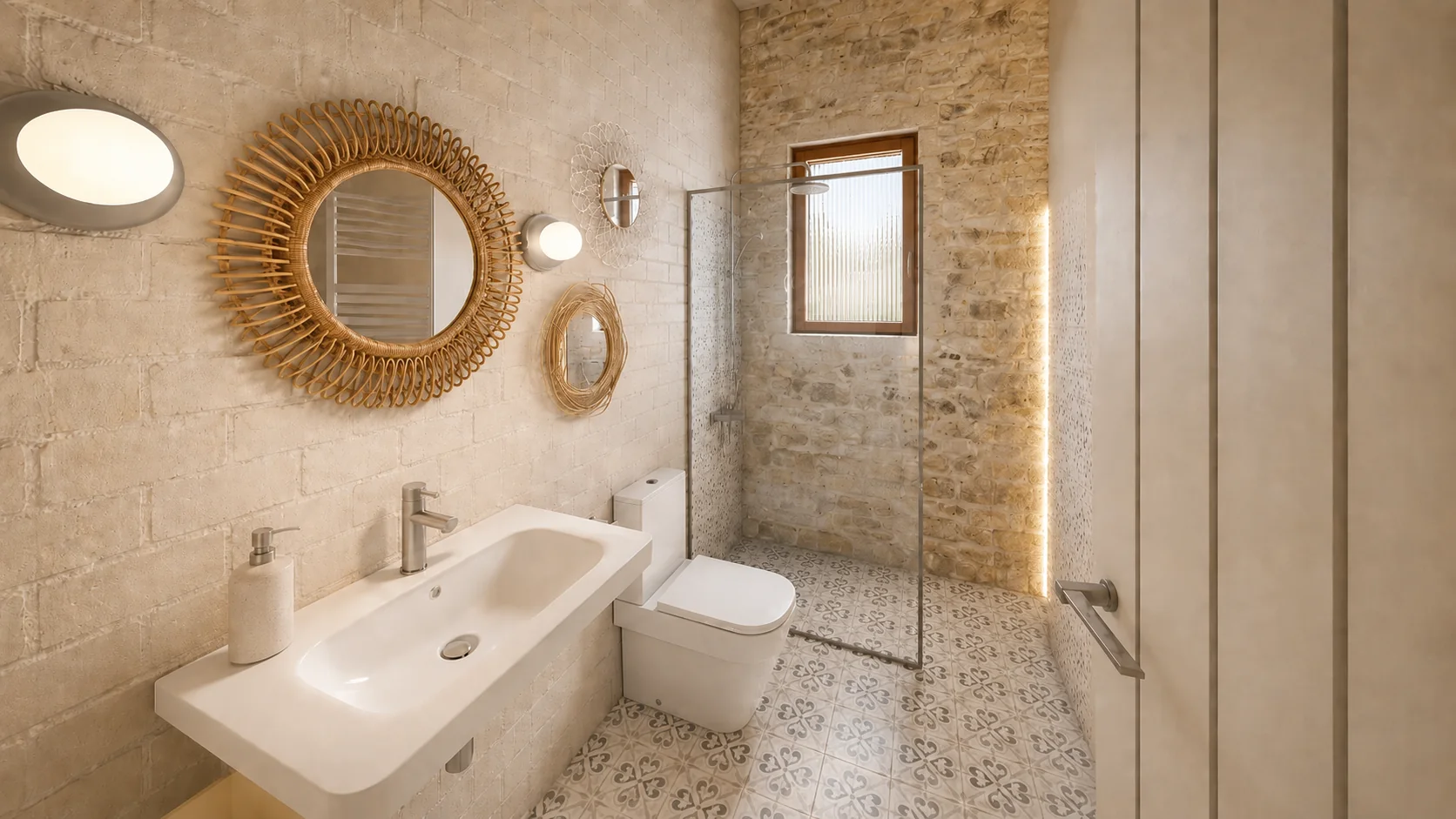 Baño de Els Pallers con piedra, cerámica y fibras naturales