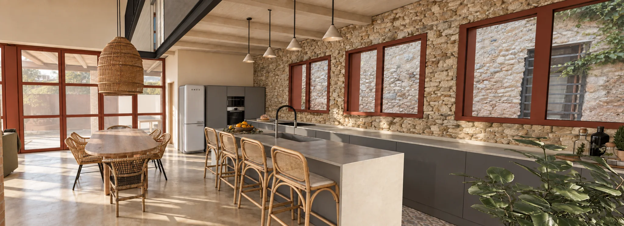 Cocina abierta con piedra y carpinterías en tonos cálidos