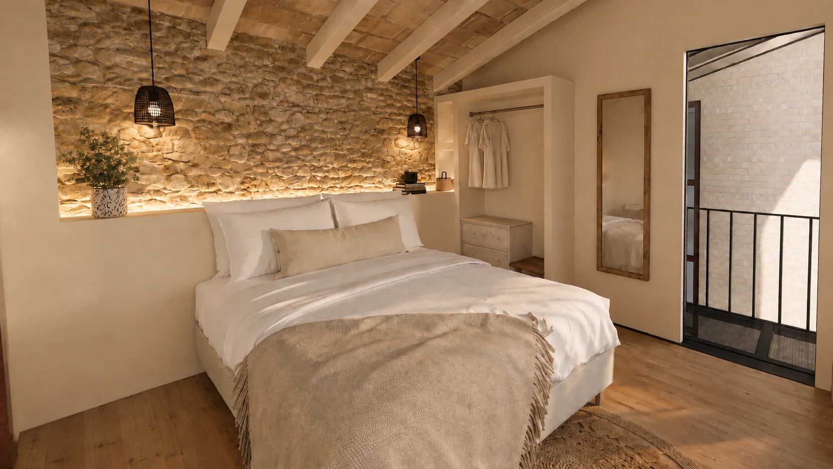Dormitorio de Els Pallers en tonos naturales
